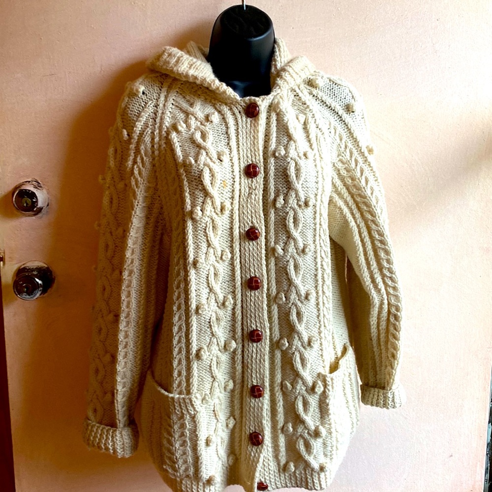 Irish Sweater hand knit in British Isles with Hood